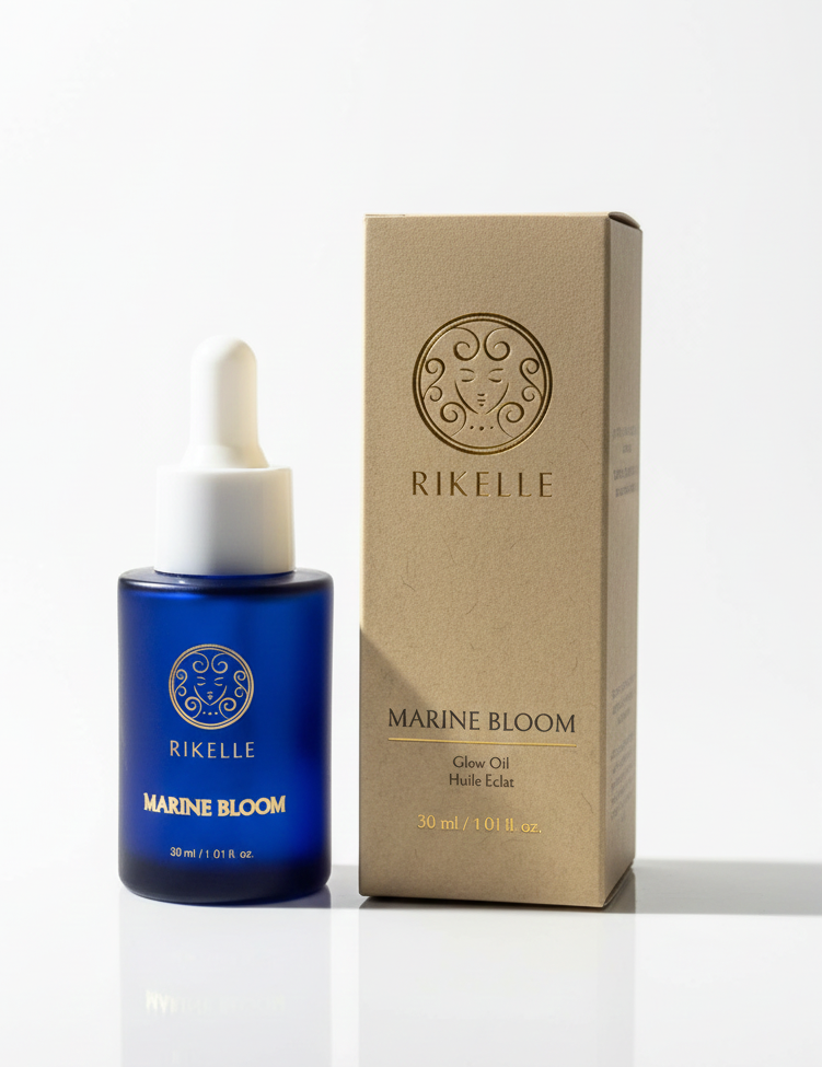 Blue oil bottle, box